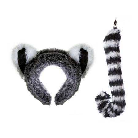 Wildlife Tree Plush Ring-Tailed Lemur Ears Headband and Tail Set for Lemur Costume, Cosplay, Pretend Animal Play or Safari Party