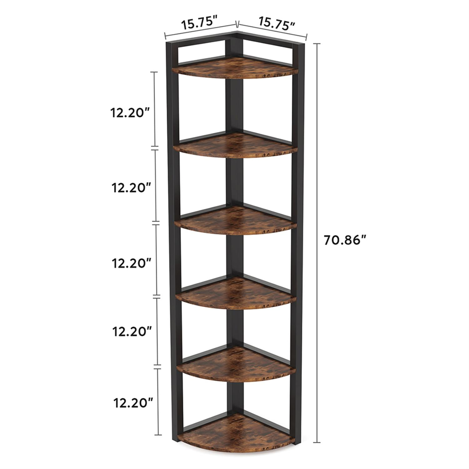 Demi Bonn 6 Tier Corner Bookshelf, Wood and Metal Bookcase Storage Organizer, 70" Tall Display Standing Shelf Unit for Bedroom, Living Room, Brown