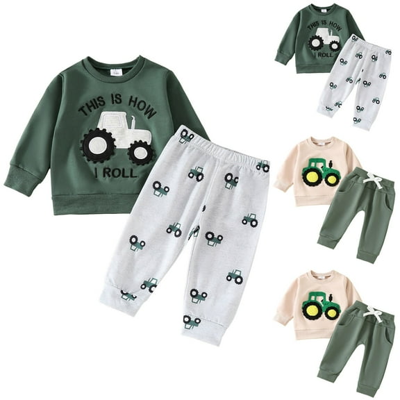 Ulanda Infant Toddler Baby Boys Fall Clothes Long Sleeve Shirts Top and Pants Farm Tractor Outfits Winter Clothing Sets (Green, 2-3 Years)
