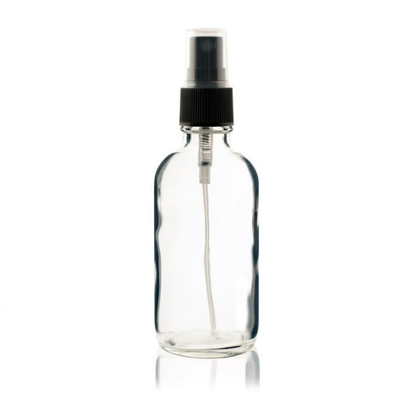 4 oz Boston Round Glass Bottle CLEAR - w/ Black Fine Mist Sprayer - pack of 8