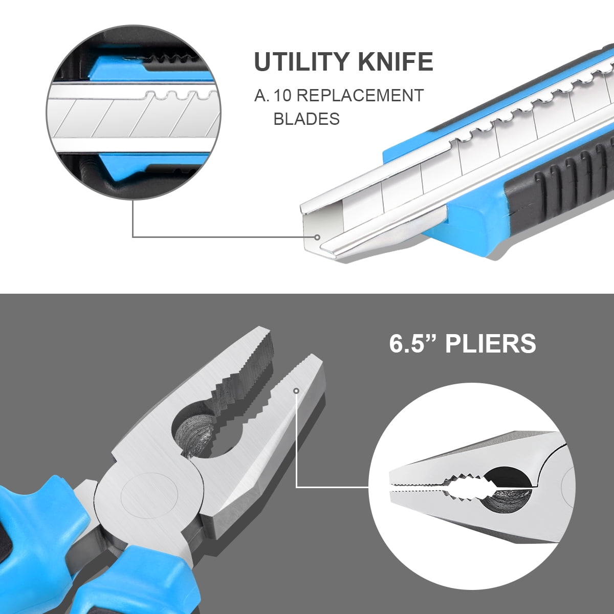 DNA Motoring TOOLS-00013 Blue 46 PCs Home Tool Set Electonic Repair Precision Screwdriver Voltage Tester Hammer Plier DIY Kit