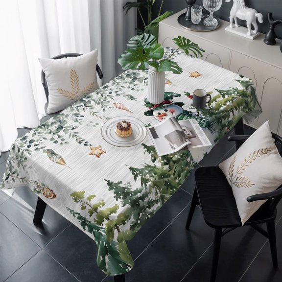 Green Snowman Christmas Table Cloth Waterproof Tablecloths, Xmas Snowflake Eucalyptus Leaves Tablecloth Dining Table Cover for Kitchen Party Tabletop Outdoor, Rectangle Tablecloth 54x108 Inch