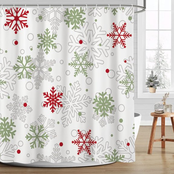 Winter Christmas Shower Curtain Snowflake Shower Curtain Ren and Green Snowflakes Xmas New Year Bathroom Decor Washable Durable Fabric Bathroom Curtains 72x72 in