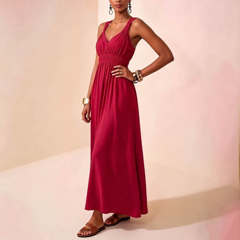 Efsteb Women's Spaghetti Strap V-Neck Smocked Maxi Dress Empire Waist Long Dress for Summer Beach Wedding Guest (Red,S)