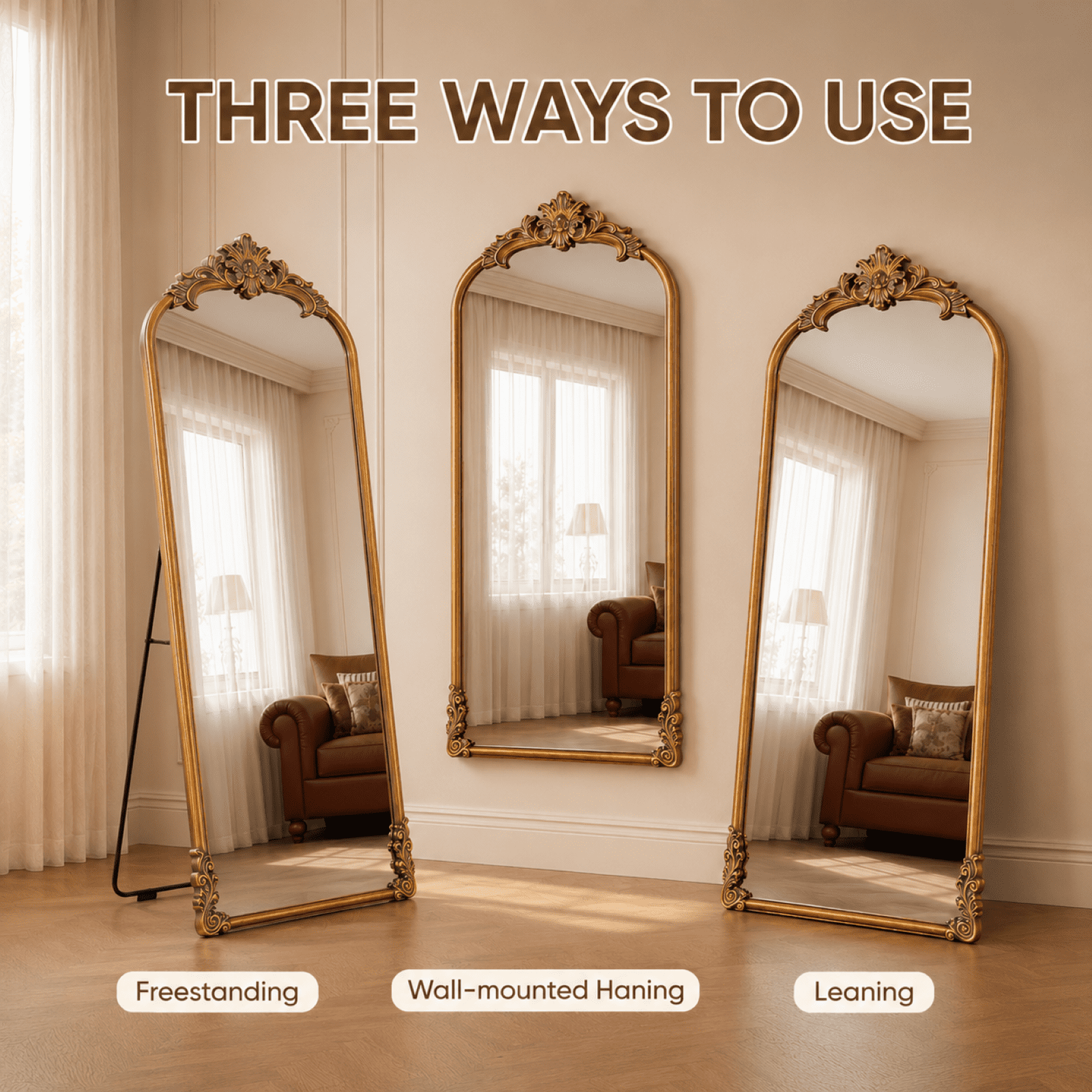 EVARNIO 69"x28" Vintage Full Length Mirror Arched Floor Mirror Baroque Style Wall Mounted Mirror Ornate Decor Mirror with Stand, Antique Bronze