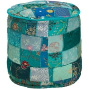 Elements 16" Embroidery Round Pouf, Blue