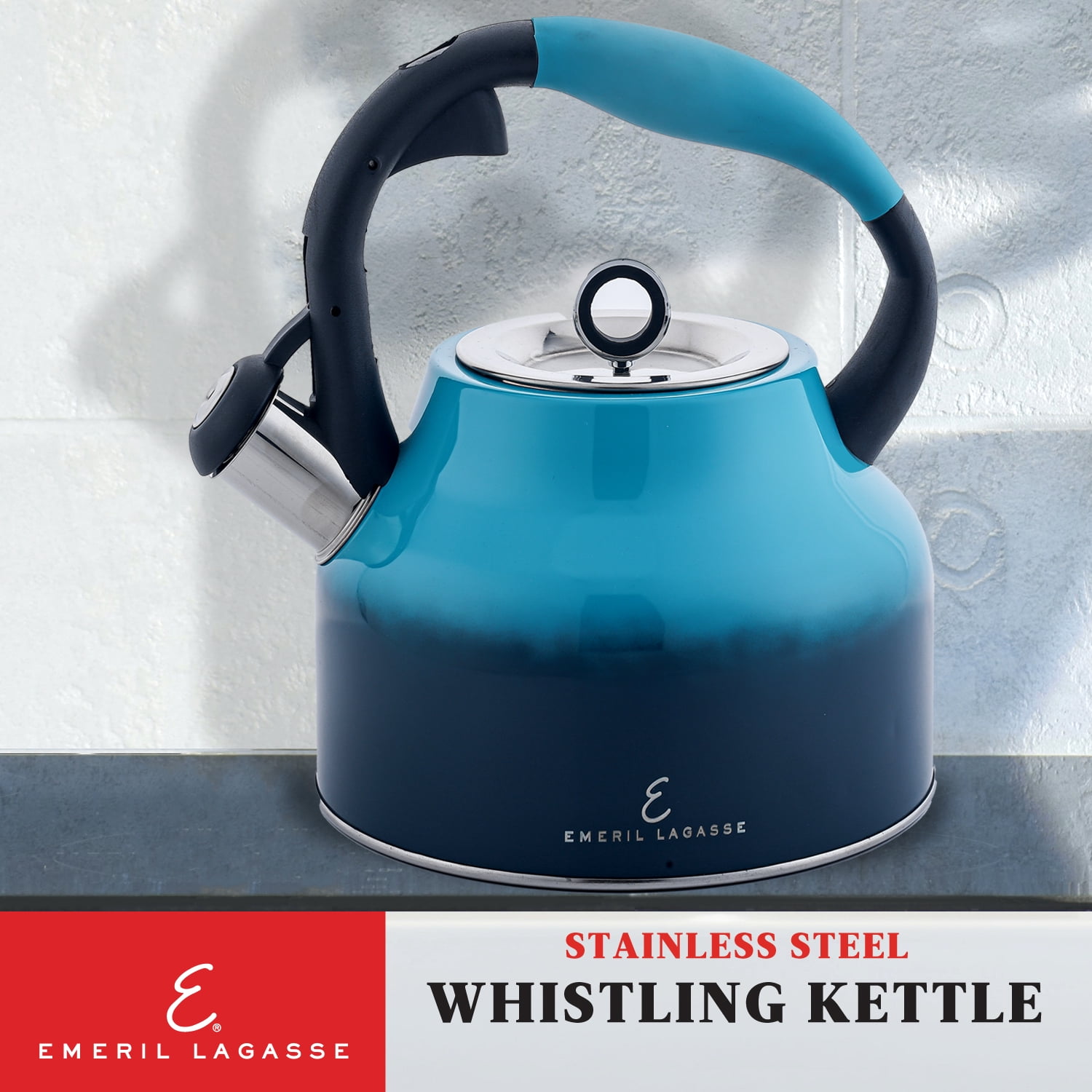 Emeril Lagasse 2.6 Quart/2.5 Liter Whistling Tea Kettle, Stainless Steel Tea Pot for Induction Stove Top, Fast to Boil Water for Home Kitchen Condo, with Ergonomic Cool Grip Handle, Blue