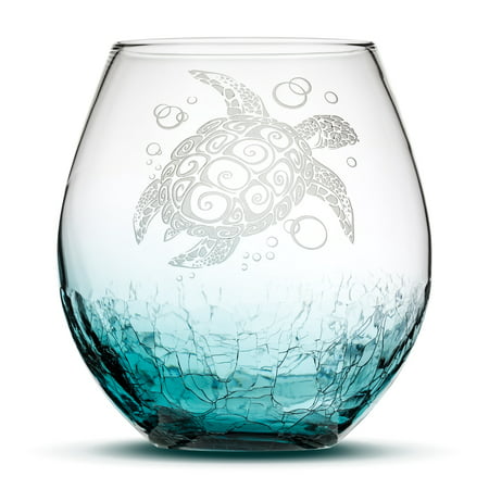 Sea Turtle Stemless Wine Glass, Crackle Teal, Handblown, Tribal Design, Hand Etched Gifts, Sand Carved by Integrity Bottles