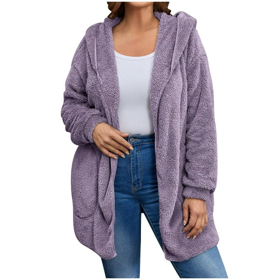 PNTUTB Fashion Women's Fleece Warm Solid Color Long Sleeve Hooded Casual Comfort Cardigan Coat with Pocket