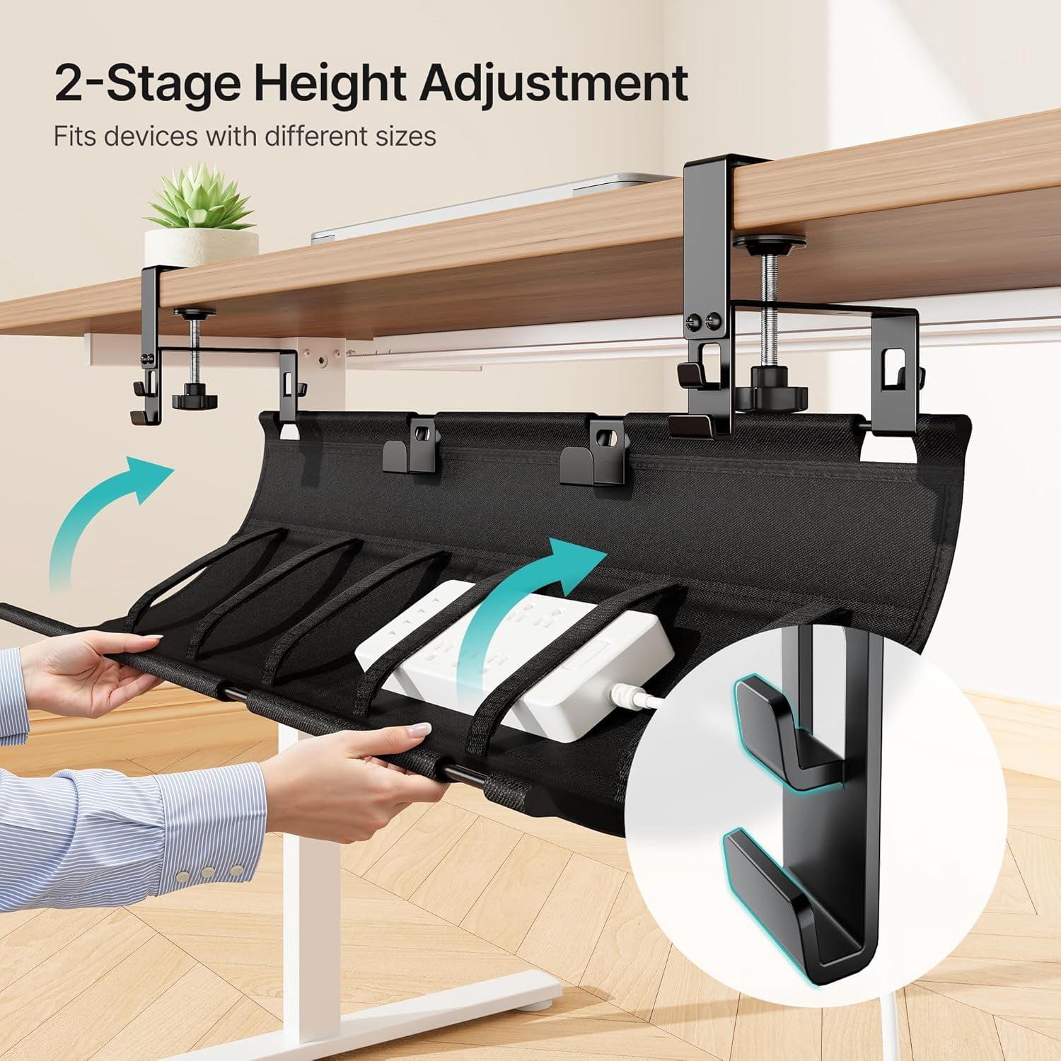 No Drill Under Desk Cable Management Tray, 31.5" Clamp Mount Desk Cable Organizer, Large Capacity Fabric Cord Management for Power Strips & Wires, Under Desk Wire Management for Office & Home