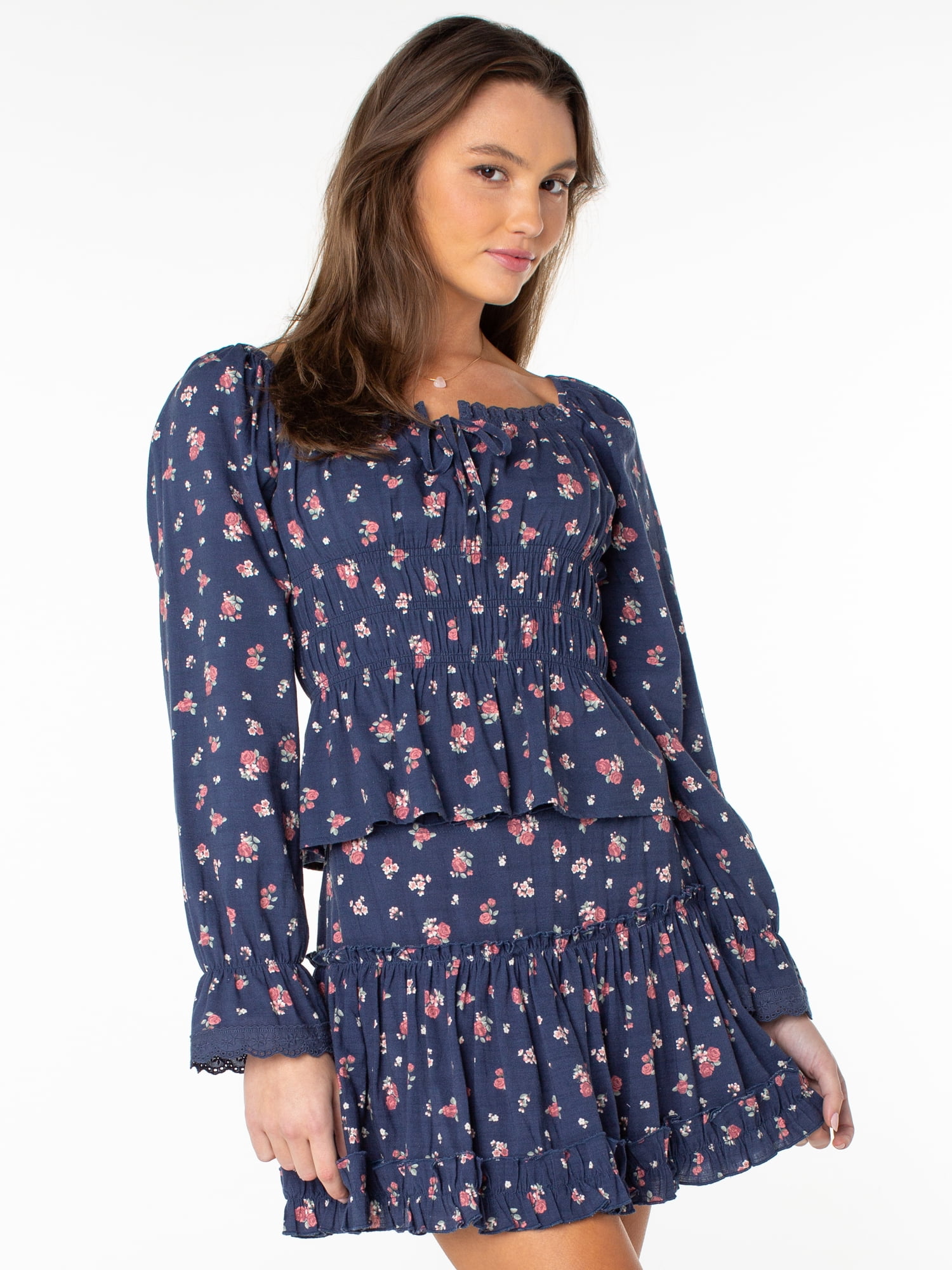Celebrity Pink Women's Long Sleeve Square Neck Lace Trim Top, Sizes XS-XXXL