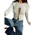 thumbnail image 3 of Qiylii Women's Ribbed Knit Tops, Long Sleeve Round Neck Solid Color Metal Chain Front T-Shirts, 3 of 7