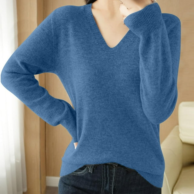 asjyhkr Tops For Women Long Sleeve Knit Cotton V Neck Sweater Pullover Basic T Shirts Solid Color