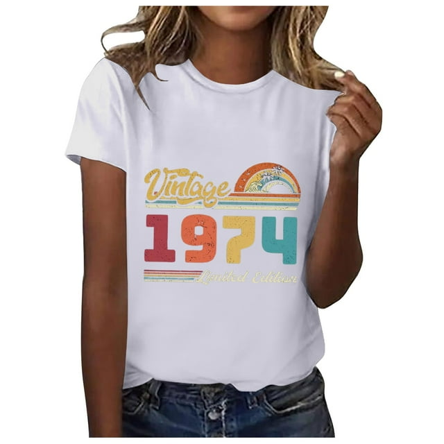 TSADFHJI Chemises pour Femmes TTG Grande Taille T-Shirt d'Été Imprimé Col Rond Manches Courtes 1974 m Blanc