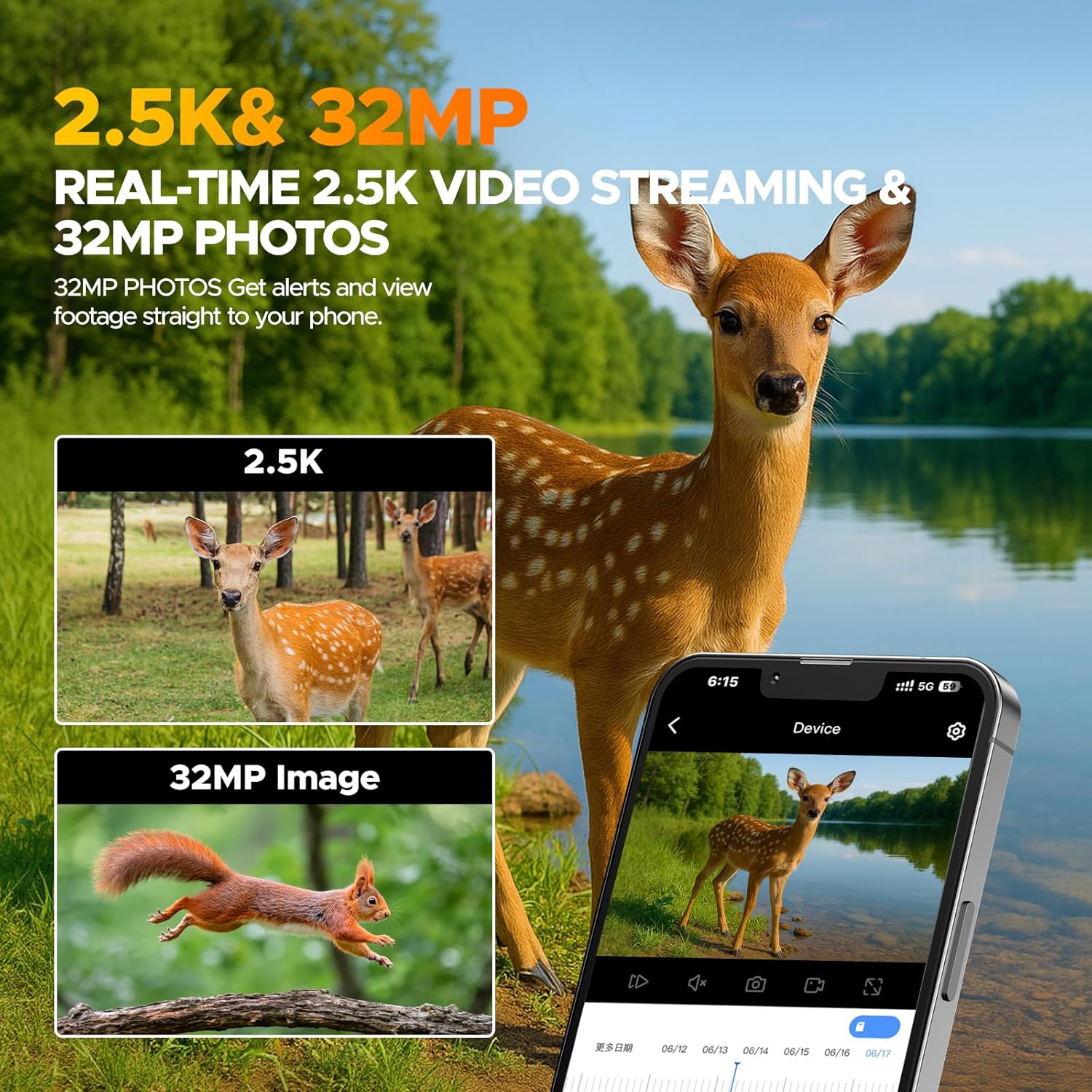 CAMPARK 4G LTE Cellular Trail Camera Solar Game Camera 2.5K 32MP Hunting Camera with 4 Area in 1 Screen Night Vision 0.1s PIR &AI Person Detection Waterproof IP66 Twoway Audio for Wildlife Monitoring