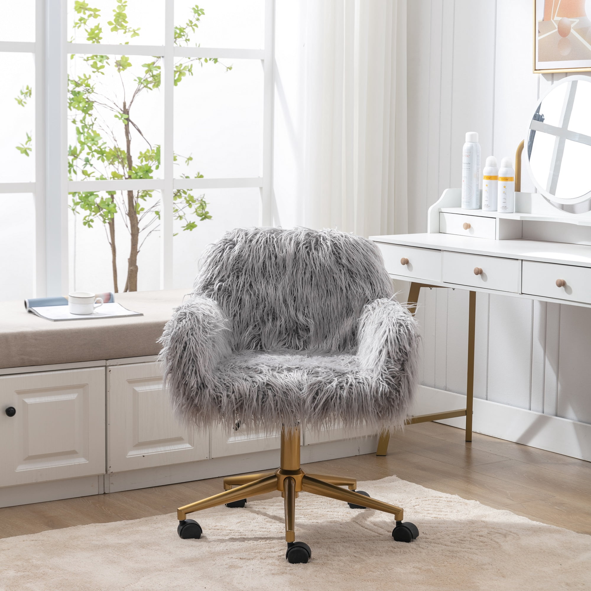 KCC Fluffy Office Desk Chair, Faux Fur Modern Swivel Armchair with Wheels, Soft Comfy Fuzzy Elegant Accent Makeup Vanity Chairs for Women Girls, Home Living Dressing Room Bedroom, Gray