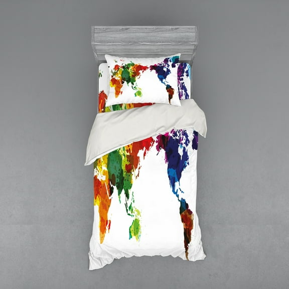 Ambesonne Colorful Bedding Set 3 Pcs, Abstract Wold Map, Twin, Multicolor