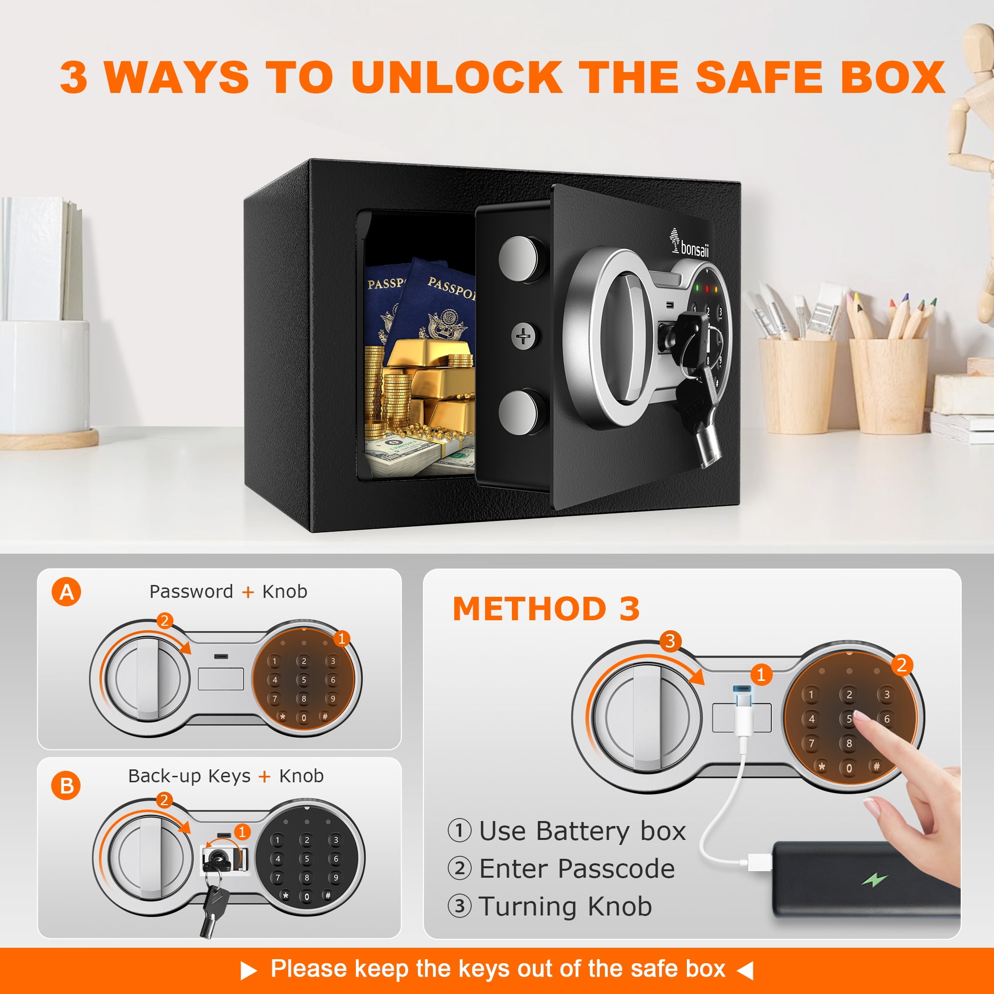 Bonsaii 0.23 Cubic Feet Safe Electronic Digital Security Small Money Safe Box with Keypad Lock & Key Lock