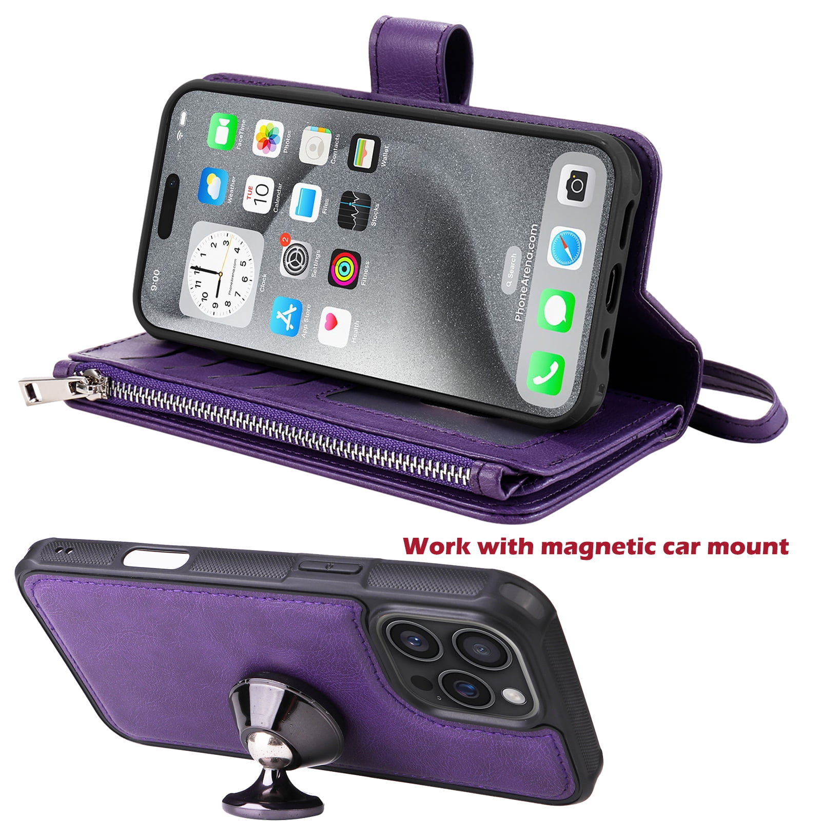 Dteck for iPhone 16 Wallet Case, 2 In 1 Detachable Protective Phone Case Women Men Kickstand flip Cover Wrist Strap Zipper Credit Card Holder Slots for iPhone 16,Purple
