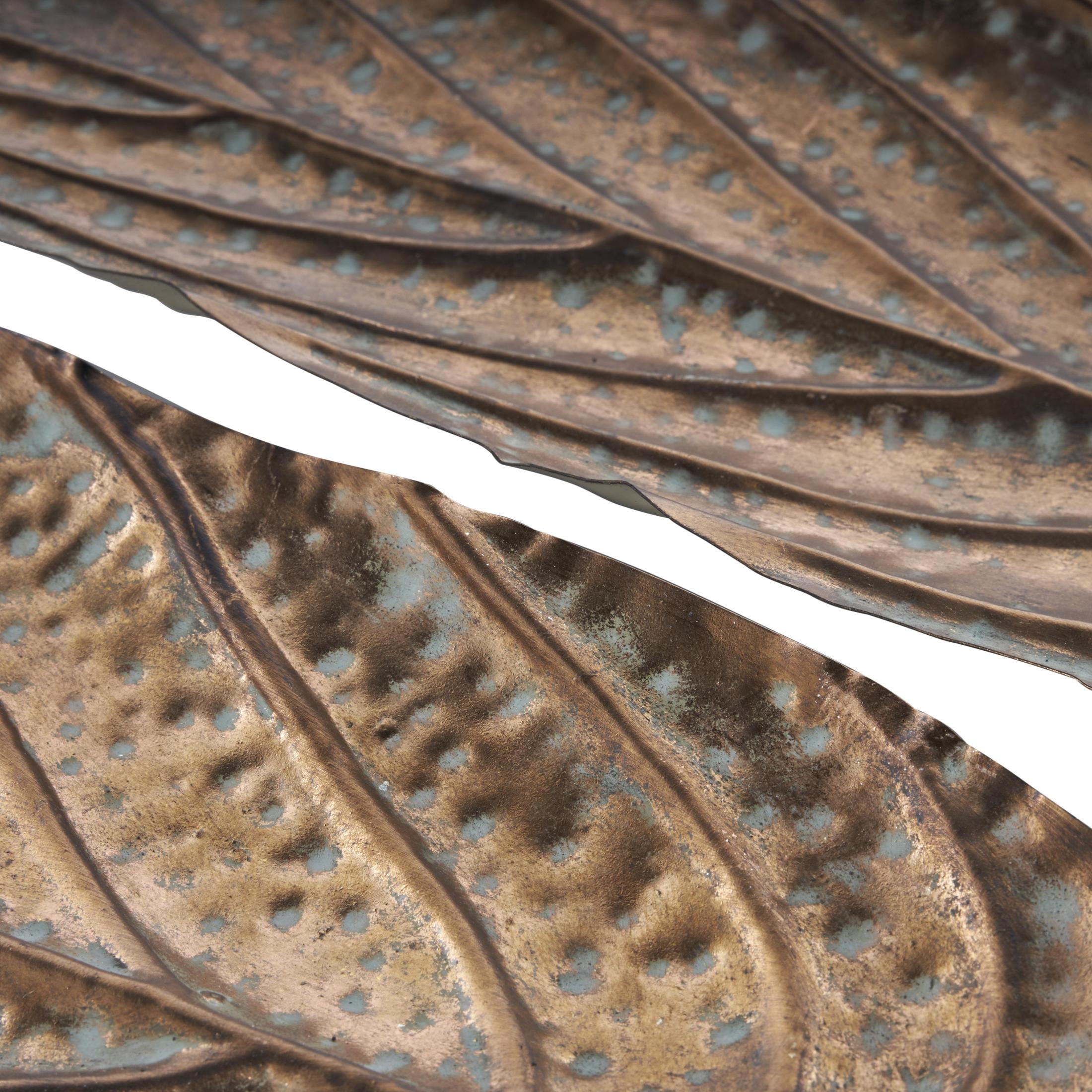 DecMode 36", 29"W Copper Metal Textured Leaf Tray with Patina Accents and Elevated Feet, 2-Pieces