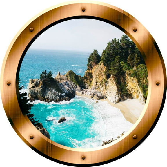 VWAQ 3D Beach View Wall Decal Ocean Porthole Peel And Stick Decor VWAQ-BP41 (20" Diameter)