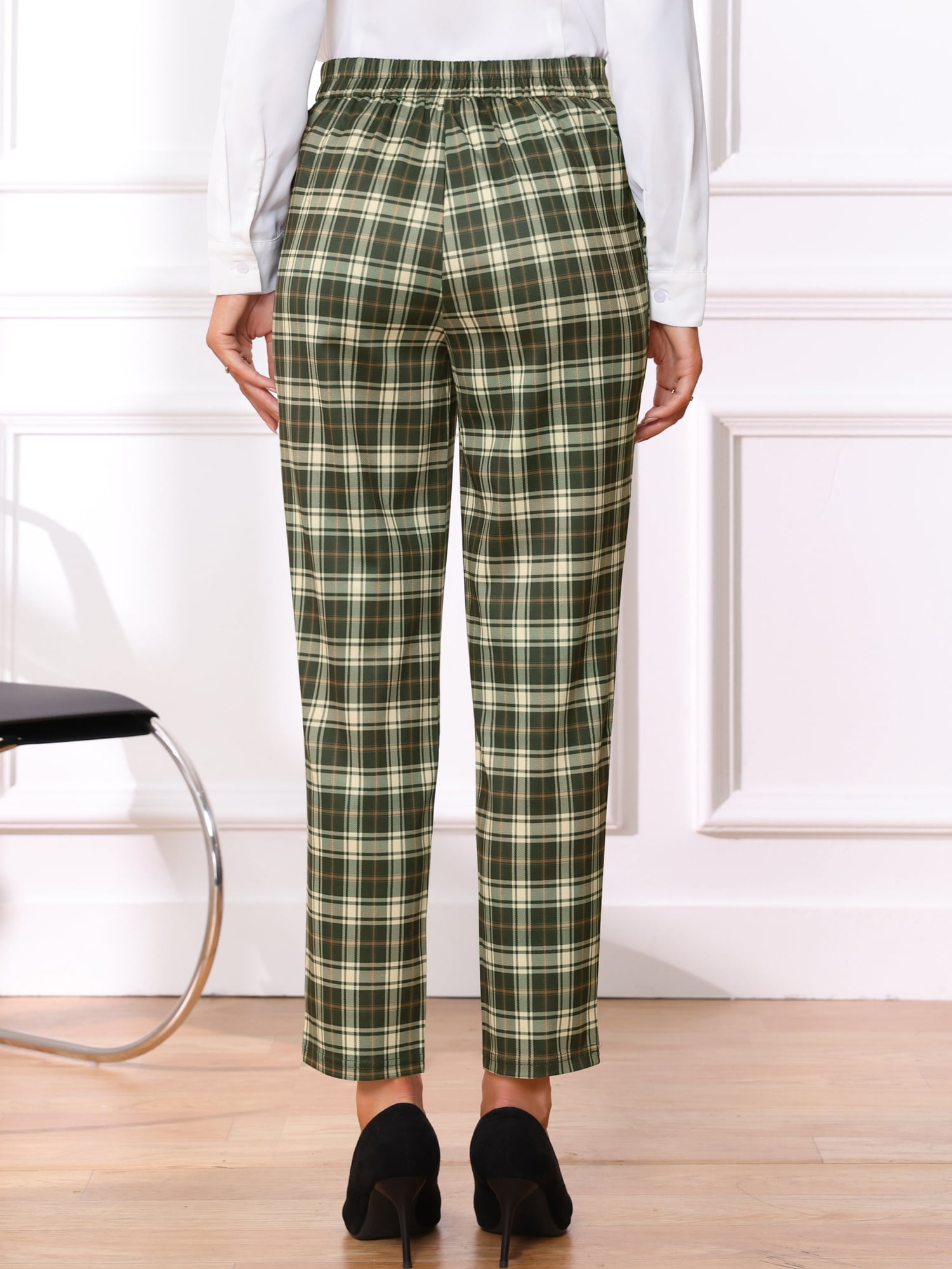 DARING DIVA Women's Tartan Plaid Pants Elastic Waist Straight Long Trousers L Army Green