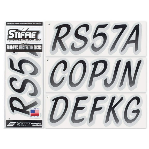 STIFFIE Whipline Black / Metallic Silver 3" Alpha-Numeric Identification Custom Kit Registration Numbers & Letters Marine Stickers Decals for Boats & Personal Watercraft PWC