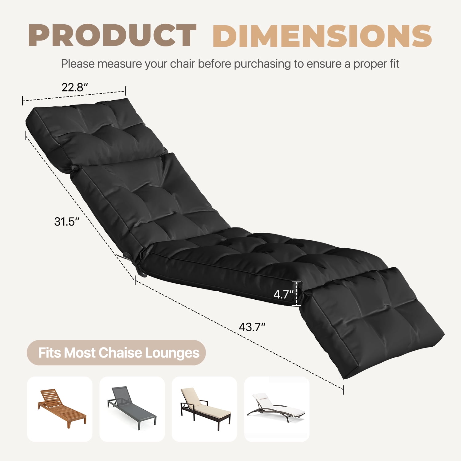 BaPiPro All-Weather Outdoor Chaise Lounge Cushion, Secure-Tie Patio Recliner Cushion with Plush PP Cotton Support for Patio, Poolside & Balcony, Black
