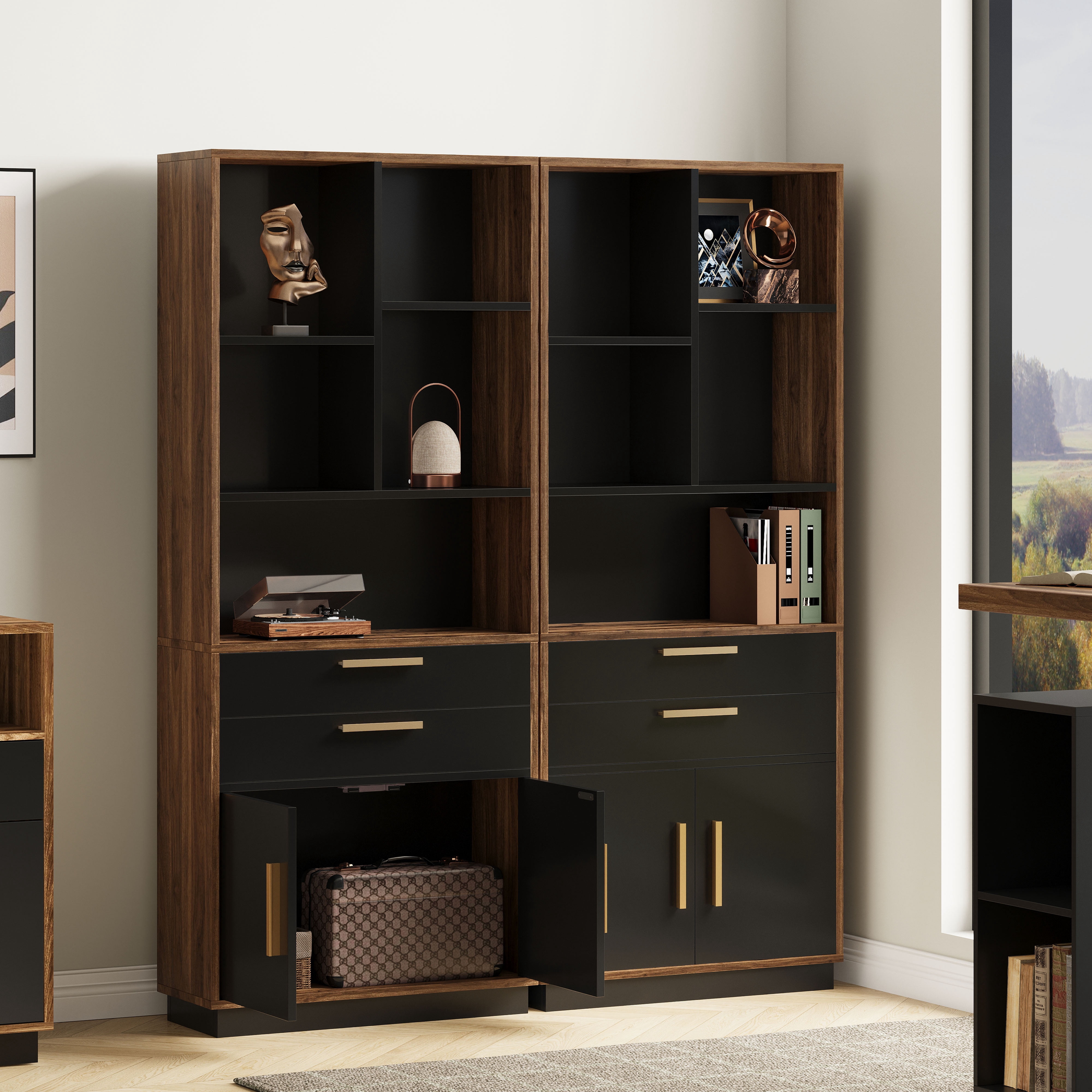 ModernMate 59" Tall Wooden Bookcase with 2 Drawers, Modern Bookshelf with Doors, 8 Open Storage Cubes, Storage Organizer Freestanding Rack for Living Room Home Office Study Room