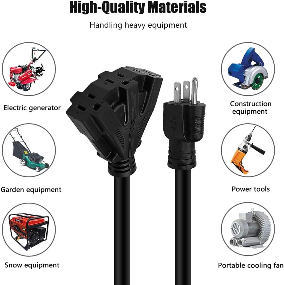 Hoease 3FT Outdoor Extension Cord, 12 Gauge 3-Outlet 15-Amp Heavy Duty Power Cord for Garden, Lawn, and Construction