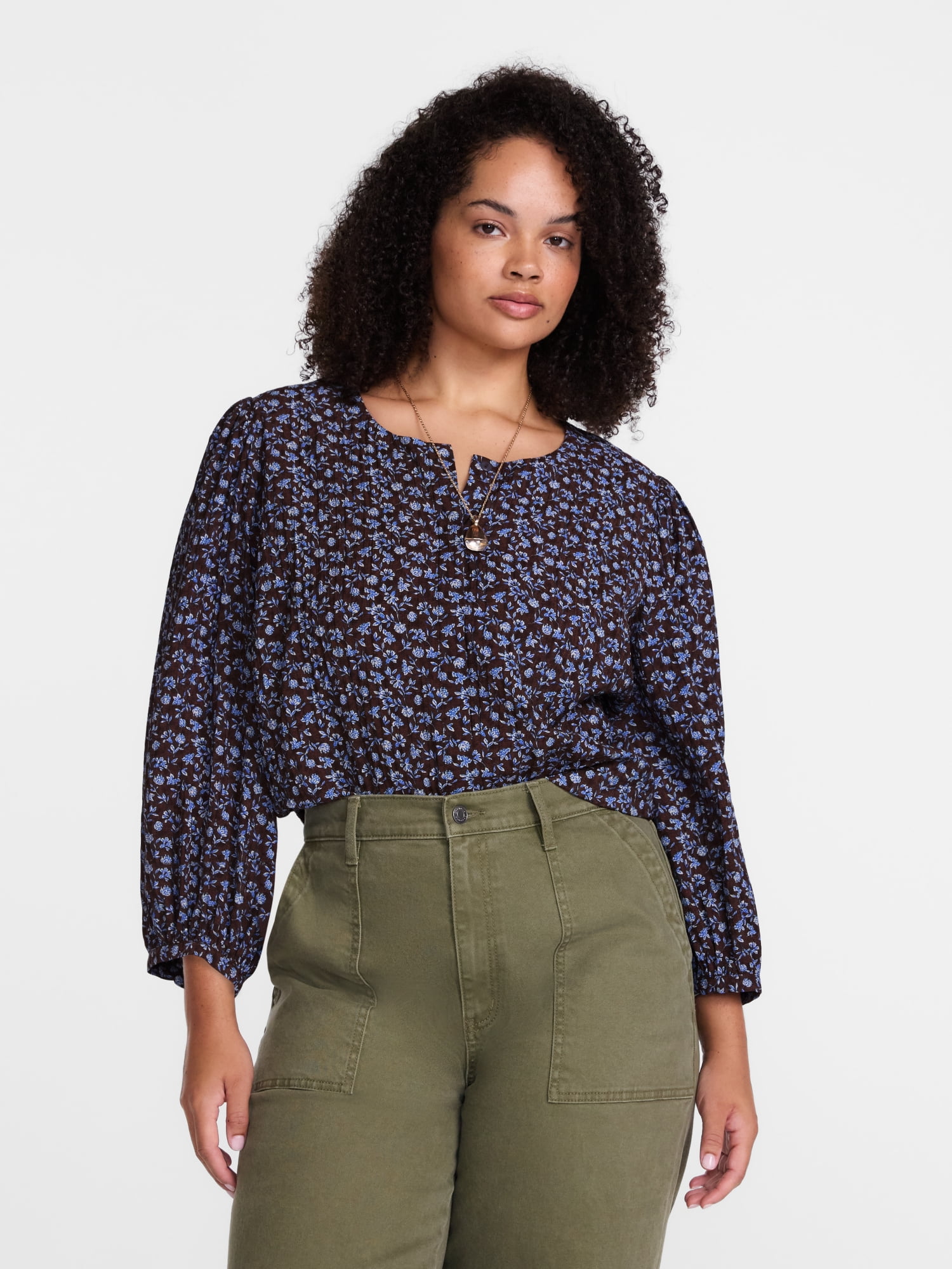 Scenario Women's and Women's Plus Blouse with 3/4-Length Puff Sleeves, Sizes XS-4X