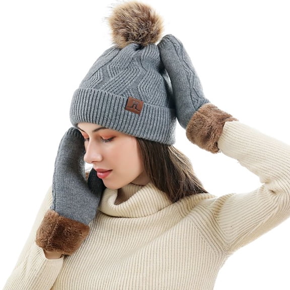 MAYLISACC 2 in 1 Women Soft Warm Thick Cable Knitted Hat Scarf & Gloves Winter Set