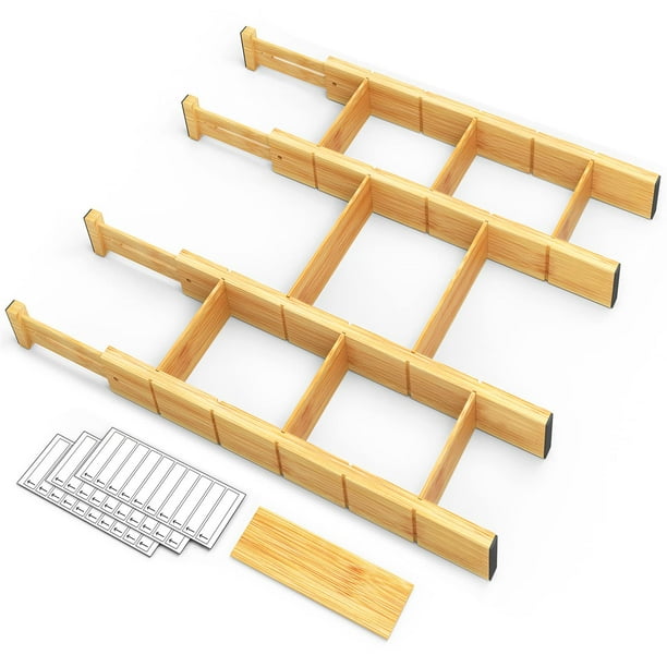 SpaceAid Separadores de cajones de bambú con inserciones y etiquetas, organizadores de cajones ajustables para cocina, organización expandible para el hogar, oficina, aparadores, 4 divisores con 9 ins