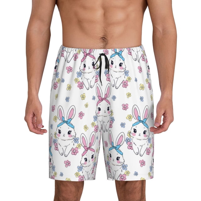 Balery Cartoon Cute Rabbit Pantalones cortos de pijama de punto de algodón para hombre con cinturilla y bolsillos-4X-Large