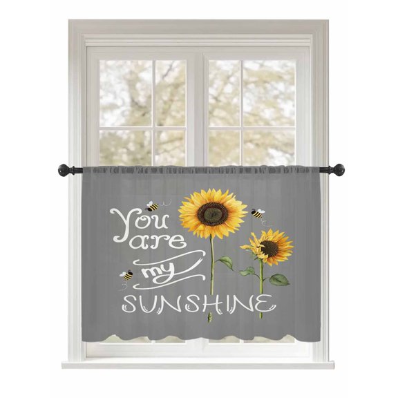 Sheer Curtains 54 Inch Length, Sunflowers Semi Sheer Curtains Light Filtering Window Treatment, Modern Bee You Are My Sunshine Grey Privacy Voile Drapes for Living Room Bedroom 52x54 Inch