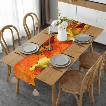 

Beautiful Fall Leaves Table Runner Imitation Linen Table Runner With Khaki Tassels For Party And Dining Room 14 x 60