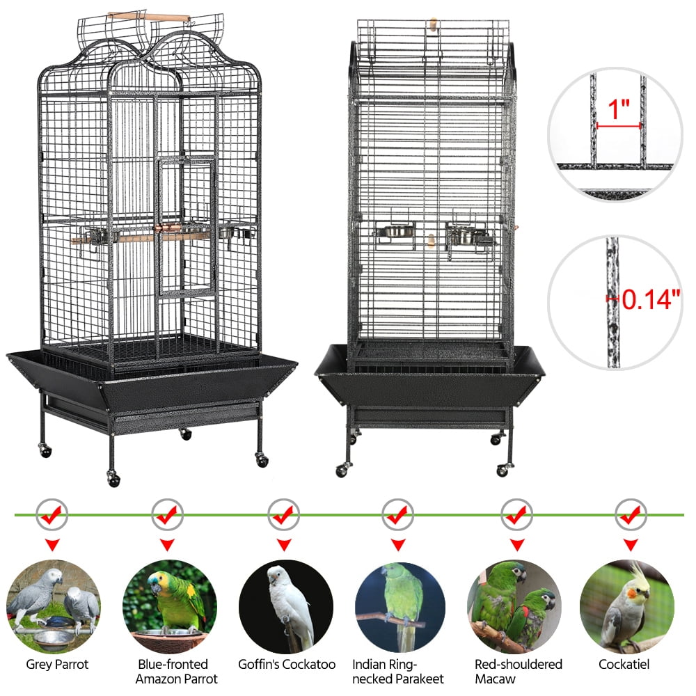 Alden Design 63" Large Parrot Cage with Open Playtop Metal Rolling Bird Cage for African Grey Parakeets, Cockatiels, Black