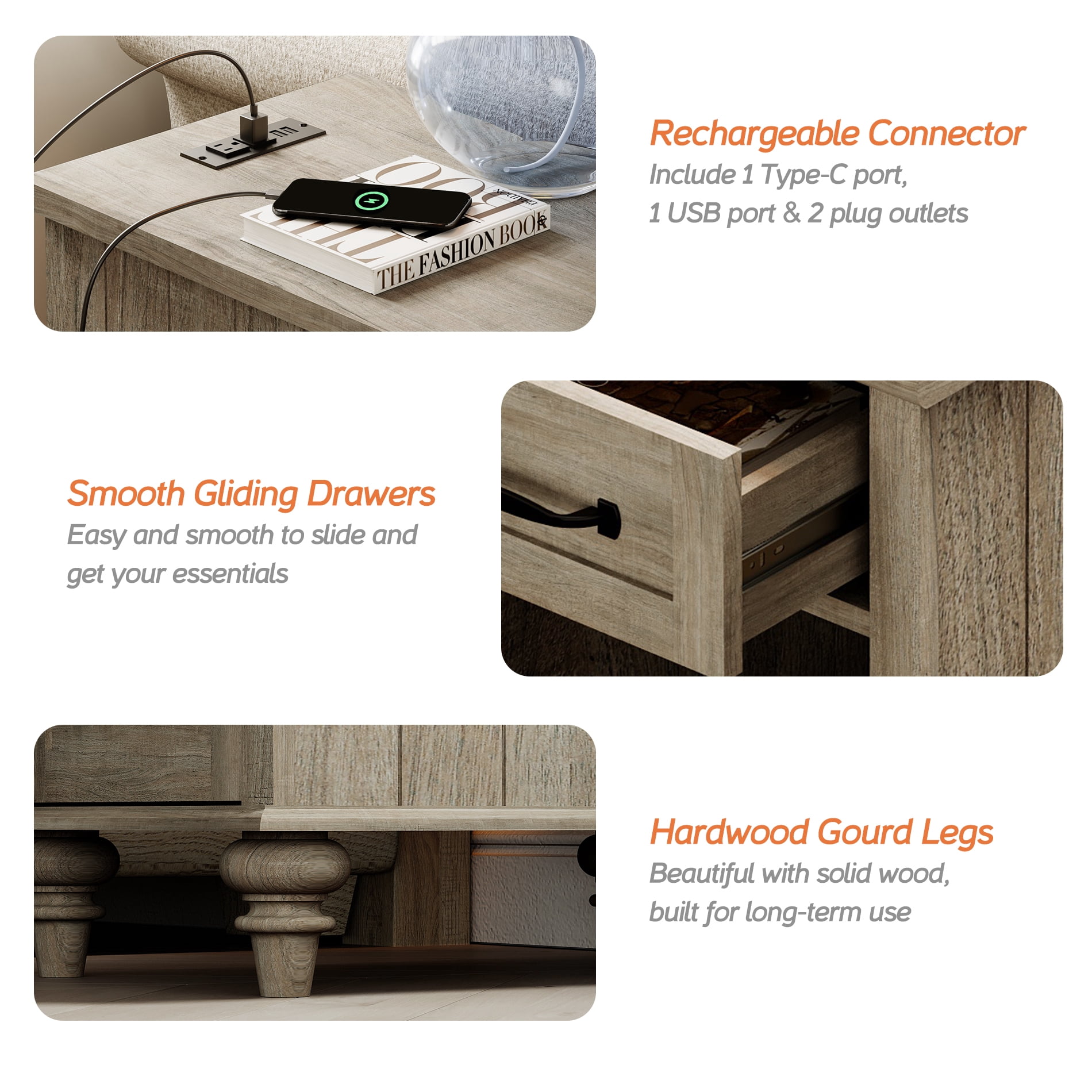 Gray End Table with Drawer & Cabinet, Wooden Side Table Nightstand with Charging Station for Living Room & Bedroom