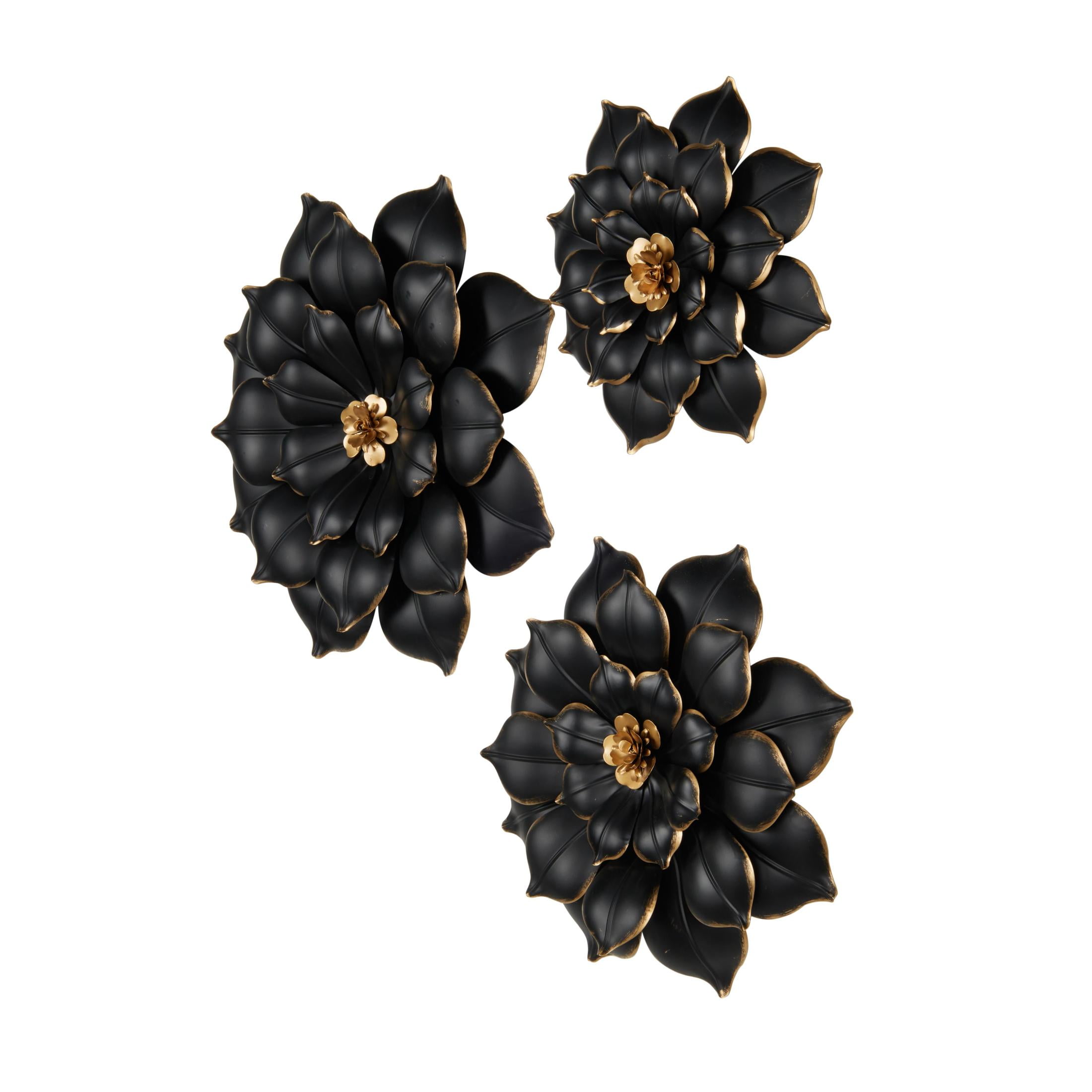 DecMode Black Metal 3D Floral Wall Decor with Gold Center (3 Count)