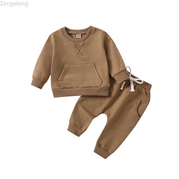 Zecgelong Toddler Boys Girls Winter Long Sleeve Solid Colour Prints Tops Sweatshirt Pants 2PCS Outfits Clothes Set For Babys Clothes Boys Winter Sets Size 18-24 Months