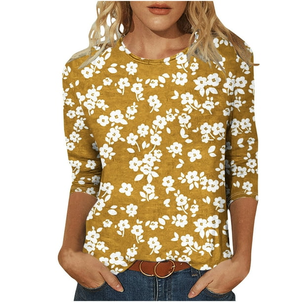 Camiseta de Cuello Redondo Impresa Casual para Mujeres con Mangas 3/4, Camiseta de Moda Casual de Longitud Media