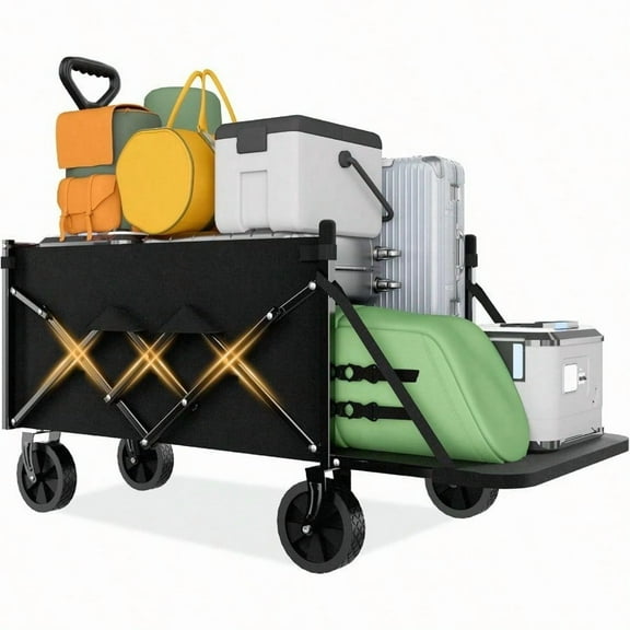 Collapsible Wagon Carts with Extended Tailgate Foldable 130L 330LBS Portable Folding Wagons with All Terrain Wheels Drink Holders for Shopping Garden Camping Beach Black