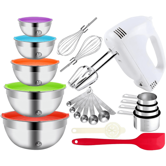 7-Speed Electric Hand Mixer,5 Large Mixing Bowls Set,Handheld Mixers with Whisks Beater,Stainless Steel Metal Nesting Bowl Measuring Cups Spoons Kitchen Cake Blender for Prep Baking Supplies