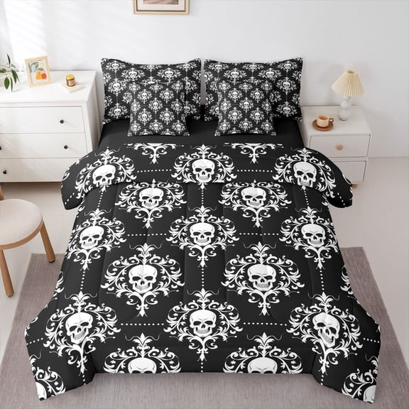Homewish Hipple Halloween Skull 7-Piece Twin Bedding,Vintage Damask Bedding Comforter Set,Black White,Black Reversible