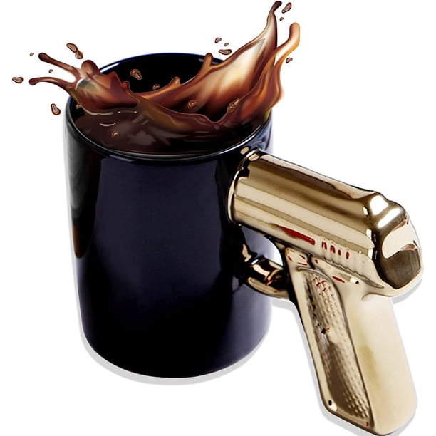 1 pieza (negro y dorado) taza divertida con mango de pistola, tazas de café de cerámica novedosas, taza de café de pistola personalizada, taza de agua con mango de pistola 3D, regalo de broma perfecto
