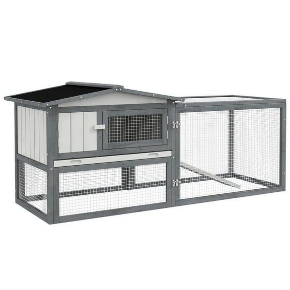 Pefilos 61" Outdoor Wooden Rabbit Hutch with Run, Trays and Feeding Trough, Outdoor Bunny Enclosure Guinea Pig Cage for Small Animals, Gray