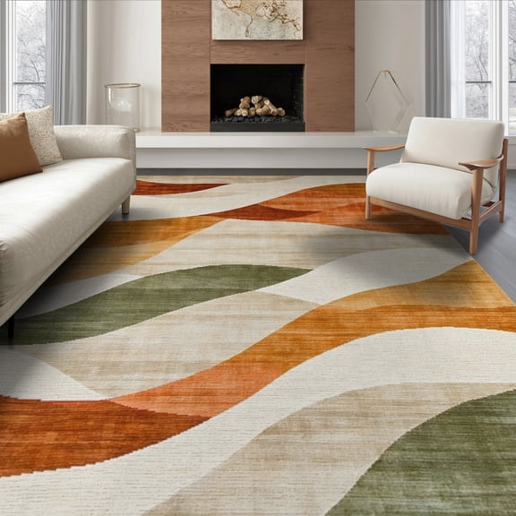 ODIKA 8'x10' Washable Area Rug Orange Swirl Burnt Abstract Vintage Distressed Wavy Ribbon Creamy for King Size Bedroom Under Bed, Master Suite, Non-Shedding, Easy Care