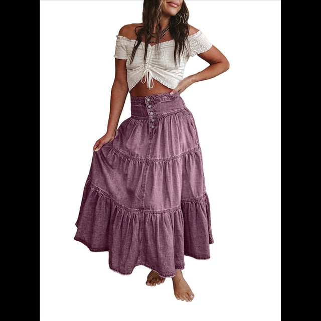 Vestido Bohemio para Mujer, con Cintura Alta, Volantes, Fluido, con Volantes Escalonados, Corte A, para Playa. Púrpura XL