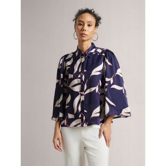 Zaccai Women's Purple Satin Abstract Button Down Shirt
