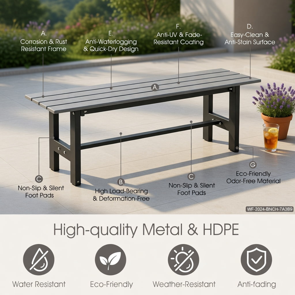 Hommoo 47" Outdoor Patio Bench Chair, Heavy-Duty Slatted Seat, Weather-Resistant HDPE & Powder-Coated Iron Frame, Gray